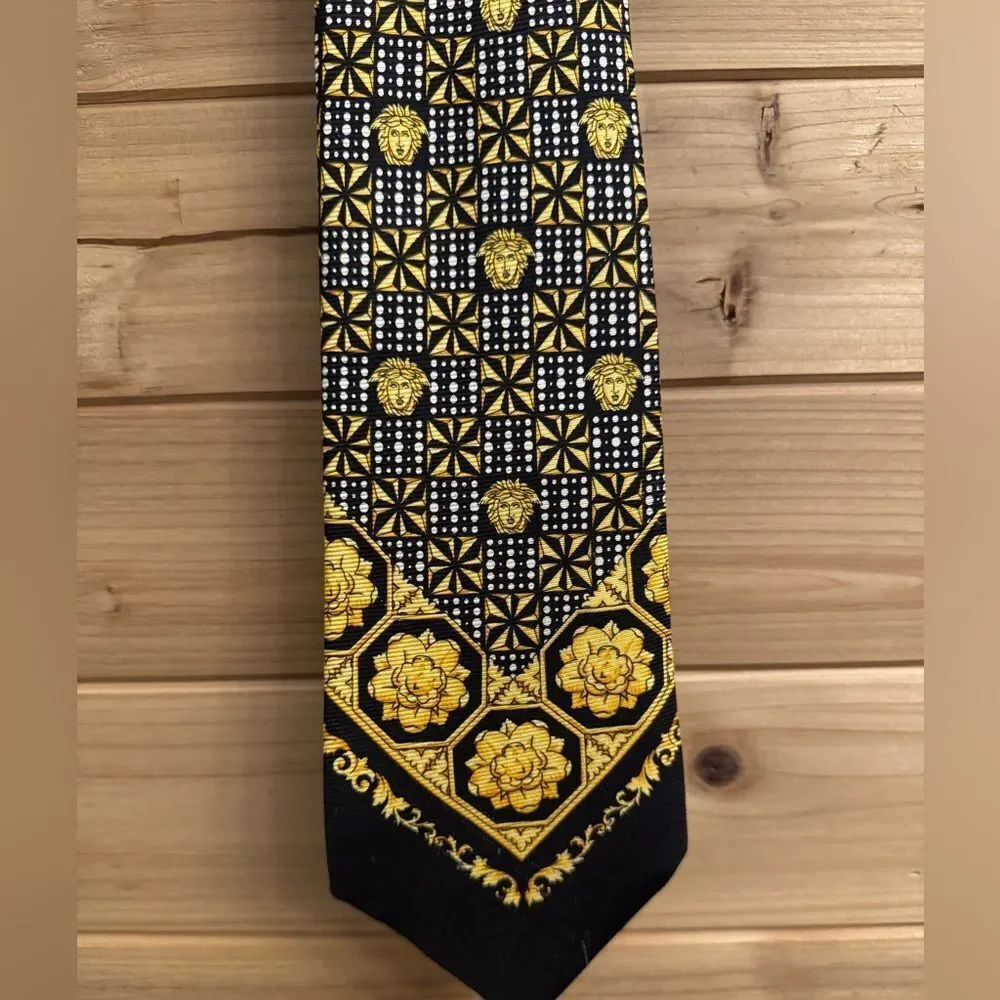 Vintage 90’s Gianni Versace Neiman Marcus Medusa Checker Silk Black Gold Tie